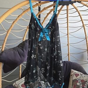 Victorias Secret Vintage Blue And Black Floral Baby Doll Nightgown Size Medium